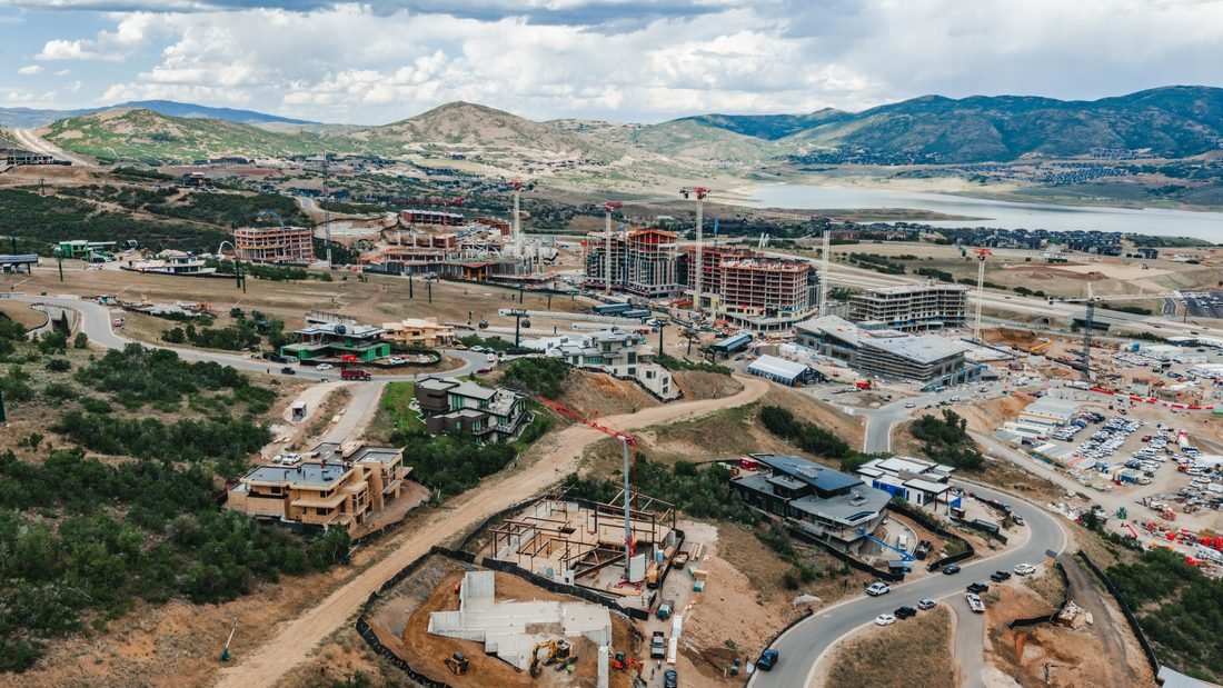 Aerial view of a commercial development and valley